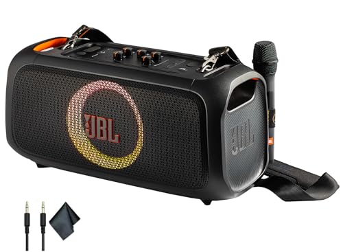 JBL Party On-The-Go Bluetooth Speaker with Mic | 100W Pro Sound Dynamic Light Show IPX4 Splashproof 6-Hour Battery Wireless Karaoke Machine for Outdoor Events Bundle