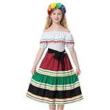 Durio Traditional Mexican Dress for Girls Cinco De Mayo Girls Dresses Off-Shoulder Halloween Kids Dance Dress with Flower Small