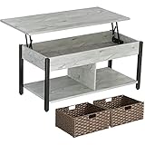 Rolanstar Lift Top Coffee Table with Storage and Rattan Baskets, Rustic Wood Raisable Top Central Table for Living Room, Hidden Compartment Shelf Tabletop and Metal Frame, Grey