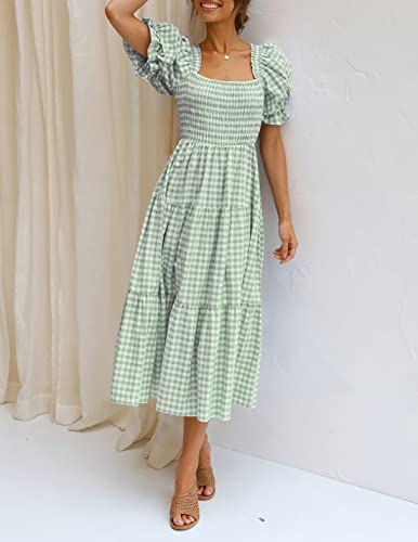 Zesica Women's 2023 Bohemian Summer Plaid Square Neck Puff Sleeve Ruffle Flowy Beach Midi Dress,Green,Medium #TOP6