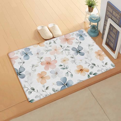 Yubilinco キッチンマット フレッシュ 花 葉 水彩 マット 合皮 踏み心地いい 撥水 直接拭ける 滑り止め付 保温 キッチン 台所 リビングルーム 部屋 玄関マット お手入れ簡単 直角長方形 丈夫 45×75cm
