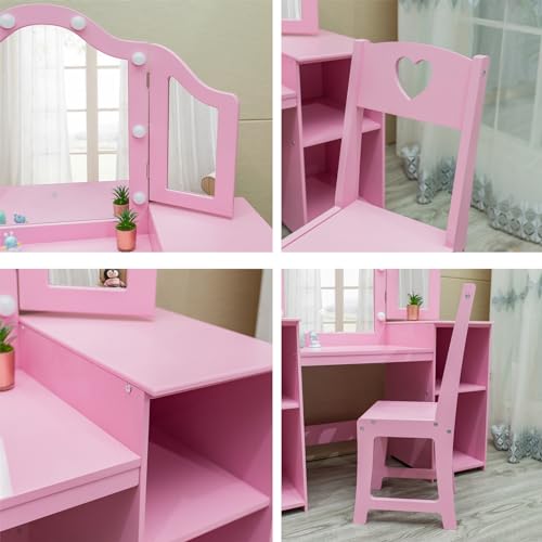 Kids Vanity Table, Princess Makeup Desk & Chair Set with touch Light Detachable Tri-Folding Mirror, Open Storage Shelves, Wooden Girls Vanity Dressing Table, Pretend Play Vanity Set for Toddler