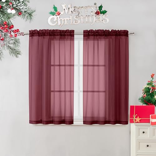 Image of OVZME 2 Panels Window Burgundy Sheer Curtains 42 inch x 45 inch Inches for Small Windows, Soft Touching Top Dual Rod Pocket Drapes for Living Room & Bedroom.