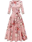 Picture of DRESSTELLS Women's Cocktail Dresses for Wedding Guest, Floral Tea Party Prom Dress 3/4 Long Sleeve Mother of Bride 1950s Fit Flare Swing Aline Evening Gala, 2026 Spring, Blush Flower L