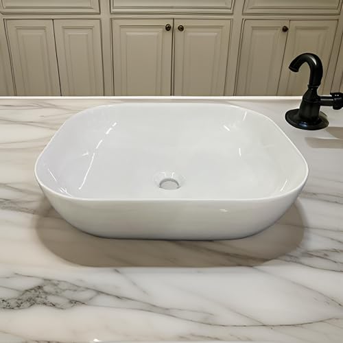 Image of SEA SHORE Wash Basin for Bathroom - Tabletop Ceramic Glossy Countertop Vessel Sink | Modern Designer Basin for Bathroom, Dining Hall & Vanity | 18 x 13 x 5.5 Inch (Dogra White)