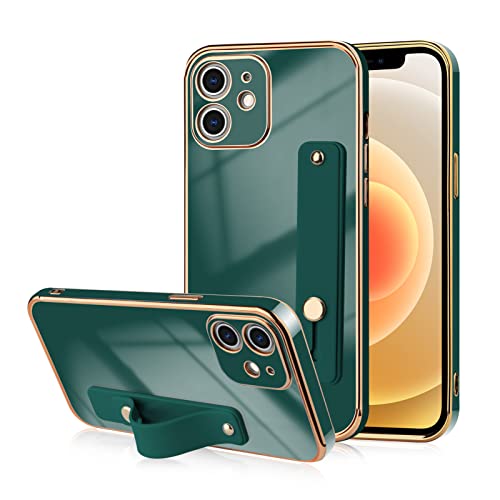 Teaught Case For Iphone 12 Soft Tpu Dark Green Plating With Adjustable Wristband Kickstand Slim Cover Anti-Scratch Shockproof Protective Case For Women Girls Men #TOP4