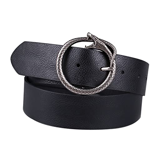 SAFIGLE Retro Wide Waist Belt for Women PU Leather Circle Buckle Fashionable Snake Design for Dresses and Jeans Adjustable Size Black