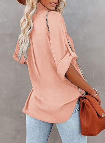 Hotouch Women's Cotton Linen Blouse Casual 3/4 Roll Sleeve Shirt Long Sleeve Button Down Shirts With Curved Hem (Girly Pink L) #TOP2