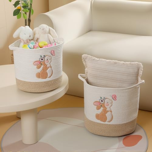 Image of Large Blanket Baskets for Living Room, Bunny Baskets Toy Storage Basket Woven Cotton Rope Basket for Kids, Toys Organizer Clothes Hamper with Embroidery, Laundry Hamper Nursery Decor ( Large )