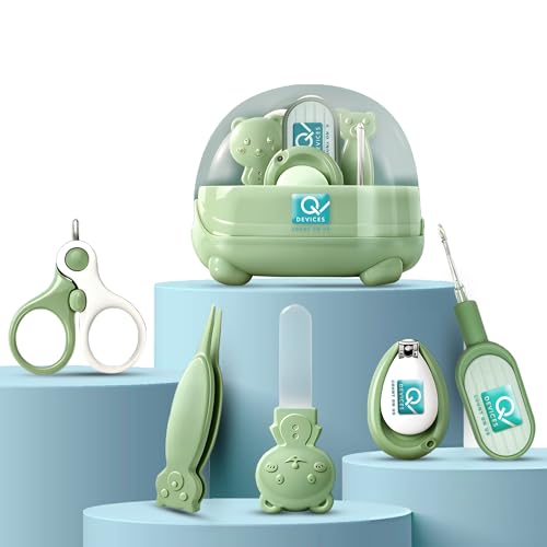 Image of Q DEVICES 5-in-1 Baby Grooming Kit - Safe & Gentle Newborn Nail Clipper, Scissors, Tweezer, Filer & Earwax Remover - Compact Travel-Friendly Health Care Set for Infants & Toddlers - Green