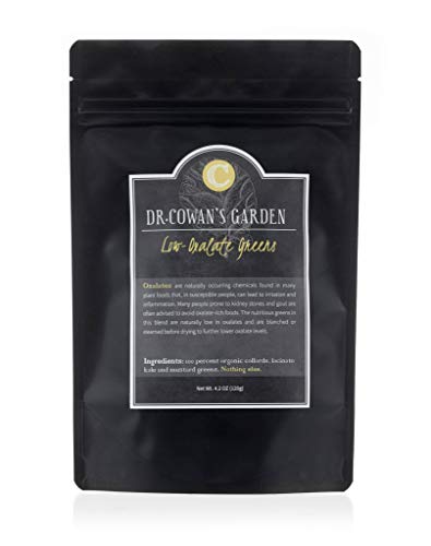Dr. Cowan's Garden Low-Oxalate Organic Greens Vegetable Powder Refill Pouch, with organic lacinato kale, organic mustard leaves, and organic collard greens. USA grown