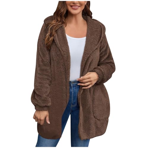 Image of Women's Sherpa Fuzzy Jacket Hoodie Open Front Fleece Hooded Jackets Cardigan Warm Outerwear Fall Coat with Pockets