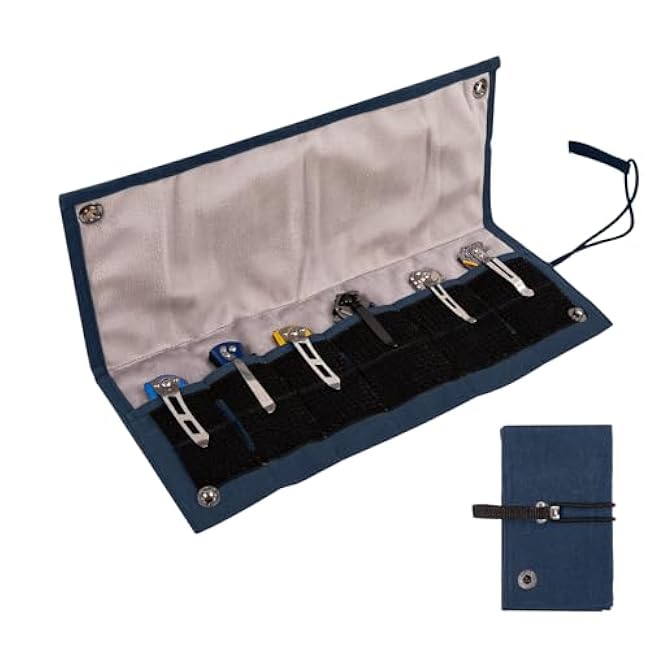 Pocket Knife Display Bag,6 Slots with Pocket Knives, Folding Small Knife Storage Pouch, Knife Roll Bag Organizer, Knives Roll Collection Protector Bag, Outdoor for EDC Mini Knife Bags (Deep Blue)