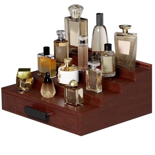 ProCase 男性用木製コロンオーガナイザー、3段香水オーガナイザー、メンズコロンスタンドホルダー収納、フレグランス、キャンドル、化粧品、カップケーキ、フィギュア、スパイス用ディスプレイライザーシェルフラック