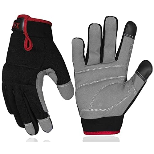 Mens Work Gloves Utility Touch Screen Breathable Spandex Rigger Padded Knuckles Working Mechanic Palm Safety Builder Dexterity Construction Gardening Camping Driving (M, Red)