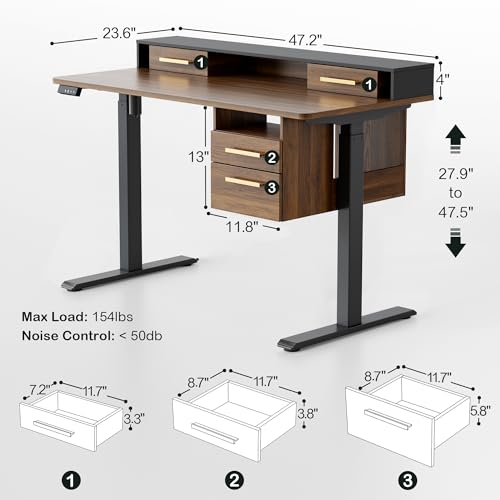 ModernMate Electric Standing Desk Furniture Set with Hutch and Drawers, 47.2\" Adjustable Desk, 72.8\" Executive Office Desk, Home Workstation with Storage, Power Outlet, Privacy Panel, Black Walnut