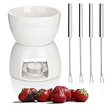 COM-FOUR® Juego de fondue de chocolate premium - fondue de cerámica con portavelas - juego de fondue con tenedores para 4 personas (Blanco)