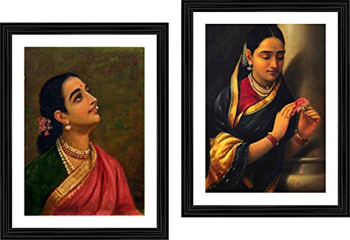 Image of Adventures� *Mahashtriy Lady & A Stolen Meeting*- Two Paintings by Raja Ravi Varma, Set of 2 Wall D�cor Frames. Matt Satin Print with MDF & 1 inchPS Black Frame. Size 14 inchx18 inch each.