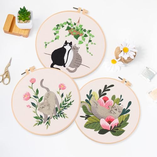 Image of LB Funny Cat Embroidery Kit for Beginners Adults, 3 Sets Hand Embroidery Starter Kit with Floral Pattern and Instructions Stamped Cross Stitch Kits Include Embroidery Hoop Needles Threads Scissors