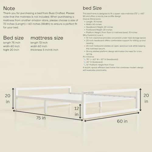 Image of Queen Size Metal Bed Frame | Queen Metal Bed | QueenSize Iron Bed | Queen Steel Bed | Heavy Duty Platform Bed | Double Bed Cot | Metal Cot | No Box Spring Needed | Bedroom, Hotel & Guest Room