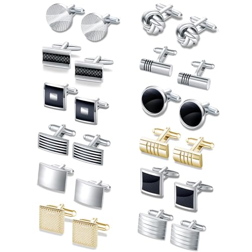CASDAN 12 Pairs Cufflinks for Men Classic Tone Cuff Links Silver Black Striped Disc Square CZ Rectangle Cuff Links Shirt Suit Men’s Cufflinks For Wedding Groom Business Elegant Gift