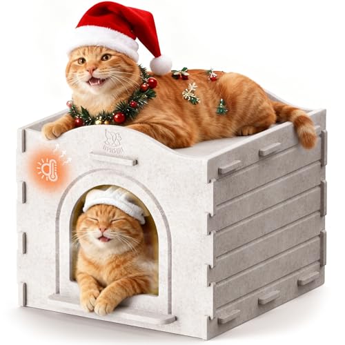 Apasiri Indoor Cat Houses for Indoor Cats, Warm Insulated Covered Cat Cave for Indoor Cats House, Strong Scratch-Resistant Capacity, Sturdy Fiber, Compatible with Heating Pads, Cat