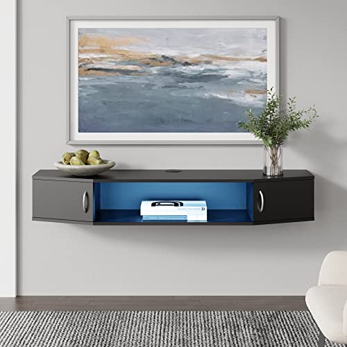 FITUEYES Floating TV Stand Wall Mounted Shelf with Blue LED Lights, Wood Media Console Entertainment Center Under TV, Cabinet Hutch Desk Storage for Home and Office, Black Single Layer