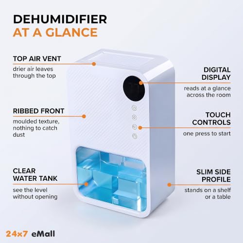 Image of 24x7 eMall Dehumidifier Electric 1100 ml Tank LCD Small Rooms Office White