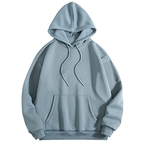 Sweatyrocks Women's Casual Hooded Sweatshirt Drop Shoulder Drawstring Pullover Dusty Blue M #TOP28
