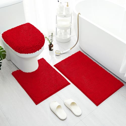 BYSURE Red Bathroom Rugs Sets 3 Piece with Toilet Lid Cover Non Slip Extra Absorbent Plush Chenille Soft Washable Bath Mats