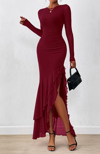 BTFBM Women's Maxi Dresses Fall 2025 Long Sleeve Ruched Bodycon Solid Ruffle Mermaid Cocktail Wedding Guest Dress