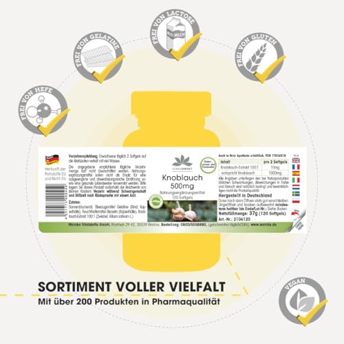 Knoblauch 500 mg - 120 Softgels für 2 Monate - Allium sativum | HERBADIREKT by Warnke Vitalstoffe - Deutsche Apothekenqualität
