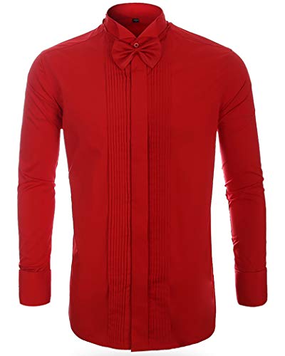 Mens Wingtip Collar Pleated Tuxedo Shirt French Cuff Long Sleeve Formal Dress Shirts3