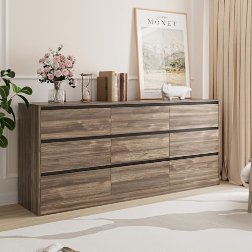 Image of Bobve 70.9 inch Dresser for Bedroom with 9 Drawers, Large Modern Chest of Drawers Handle Free, Long Wooden Dressers Storage Organizer, Wide Double Dresser for Bedroom, Living Room, Hallway (Walnut)