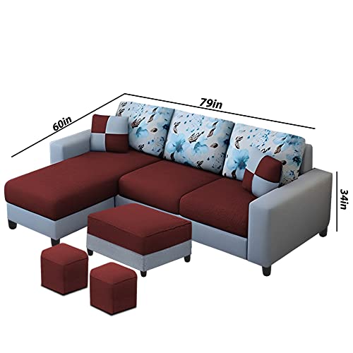 Image of Orland 4 Seater LHS L Shape Sofa with Center Table & 2 Puffy | Color - Maroon Grey