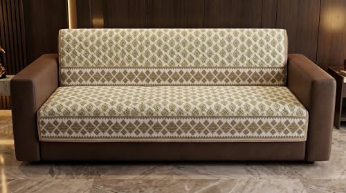 Image of Luxury Sofa Cover L Shape 5 Seater with Matching Cushion Cover 16x16 inch - Beige Diamond Jacquard 3+2 Seater (5 Seater) Quilted Sofa Cover Set Pack of 10, Washable, Beige Gold