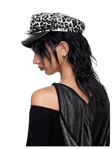 WDIRARA Women's Rivet PU Leather Beret Hat Fashion Caps Punk Rock Gothic Hats Grey Leopard Rivets One-Size