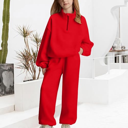 Girls Half Zipper Sweatshirts Set Plain Fleece 2 Piece Baggy Sweatpants Pullover Tops Sweatsuits Teen (Red, 12-13 Years)3
