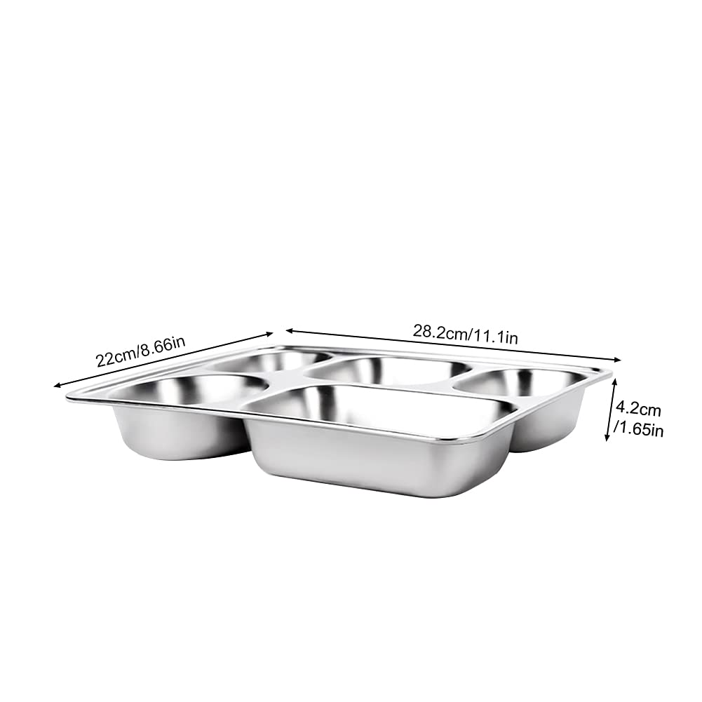 Faderr - Piatto rettangolare in acciaio INOX, quadrato, 5 scomparti divisi per studenti, adulti, campeggio, ristorante, contenitore (dimensioni: 28,2 x 22 x 4,2 cm)