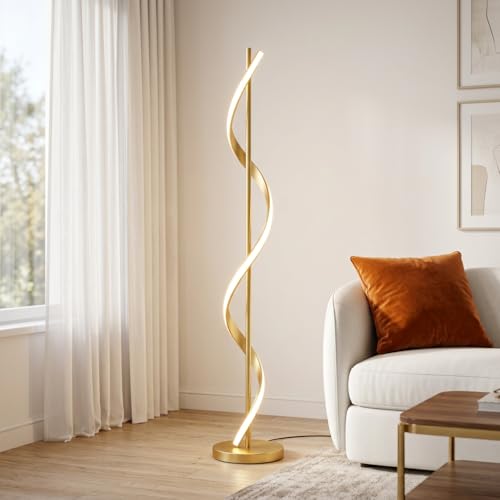 Image of Spiral Floor Lamp 3-Color CCT (Warm + Natural + Cold White) Gold Aluminium LED Standing Lamp for Living Room Bedroom Home Decor