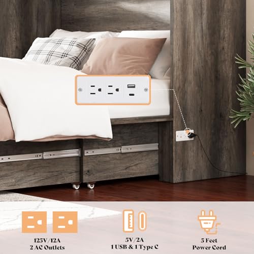 Image of AMERLIFE Queen Murphy Bed with Storage & Charging Station, Farmhouse Murphy Cabinet with Foldable Panel, Noisy Free, for Living Room, Guest Bedroom, Office, Rustic Grey