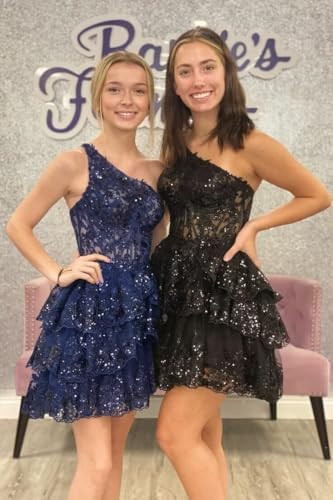 Sparkly Sequin Lace Homecoming Dresses One Shoulder Prom Cocktail Party Dress Short for Teens VT0513