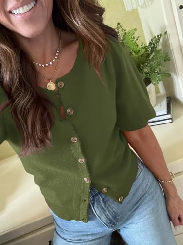 Image of Saodimallsu Womens Puff Short Sleeve Cardigan Lightweight Summer Button Down Shirts Knit Crew Neck Sweater Tops