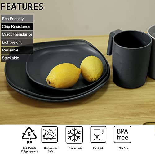 Greentainer Geschirrset aus PP | Leichtes & Unzerbrechliches 16 pcs Geschirrservice für Kinder & Erwachsene,Tafel-Kombiservice mit 4 Speiseteller, 4 Dessertteller, 4 Schüsseln,4 Tasse für 4 Personen