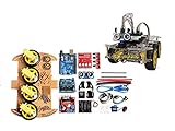 Lieferumfang: 4 x Räder mit Reifen 4 x Getriebemotoren 2 x Acrylchassis 1 x Motortreiber 1 x Ultraschallsensor mit Halterung 1 x Servomotor 1 x Batteriehalterung 1 x USB-Kabel 1 x Vierwege-Hindernisvermeidungssensor Verschiedene Schrauben und Muttern zur Montage