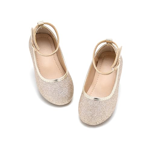 Flaryzone Toddler/Little Girls' Glittery Ankle Strap Mary Jane Flats Wedding Flower GILR Princess Dress Shoes (Gold,Toddler-Size 7)