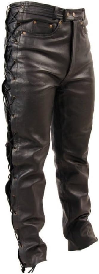 Men's Side Lace up Leather Pant Jeans Trouser - 5 Pockets Design Pant - Motorcycle Biker Style Outerwear Black