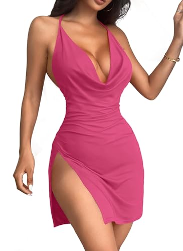 Image of JOTWIS Women's Sexy Backless V Neck Mini Dress High Slit Club Night Out Party Cocktail Dresses