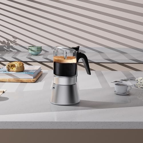 Image of Stovetop Espresso Maker,SIXAQUAE Crystal Glass-top & Stainless Steel Espresso Moka Pot,Classic Italian coffee maker,240ml(6cup)