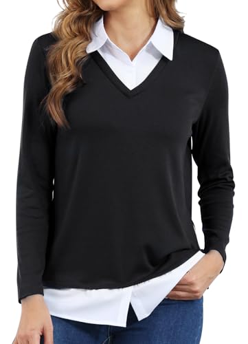 Image of Vldnery Womens Fall Winter Sweater 2025 Trendy Clothes Oversized V Neck Long Sleeve Shirts 2 in 1 Outfit Casual Pullover Tops